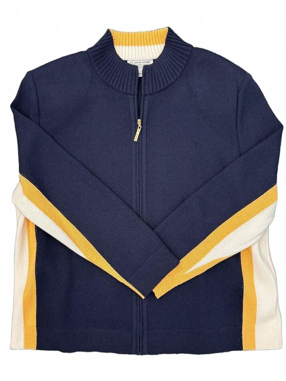 St. John Sport by Marie Gray Vintage Navy Blue w/ Stripes Zip-Up Sweater Size L